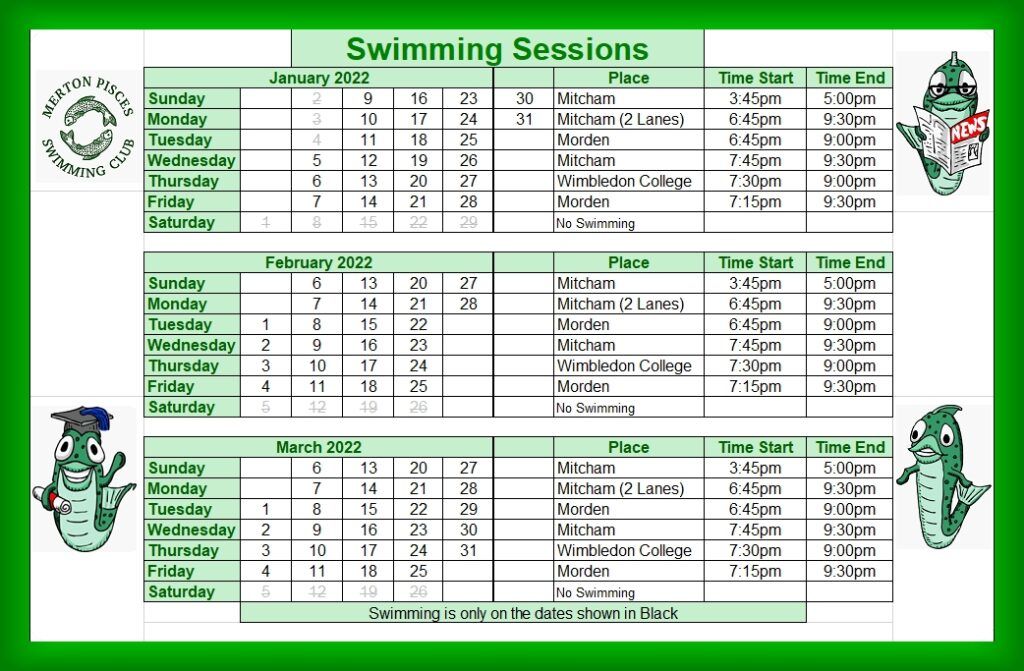 New Swimming Schedule Calendar for January February & March 2022