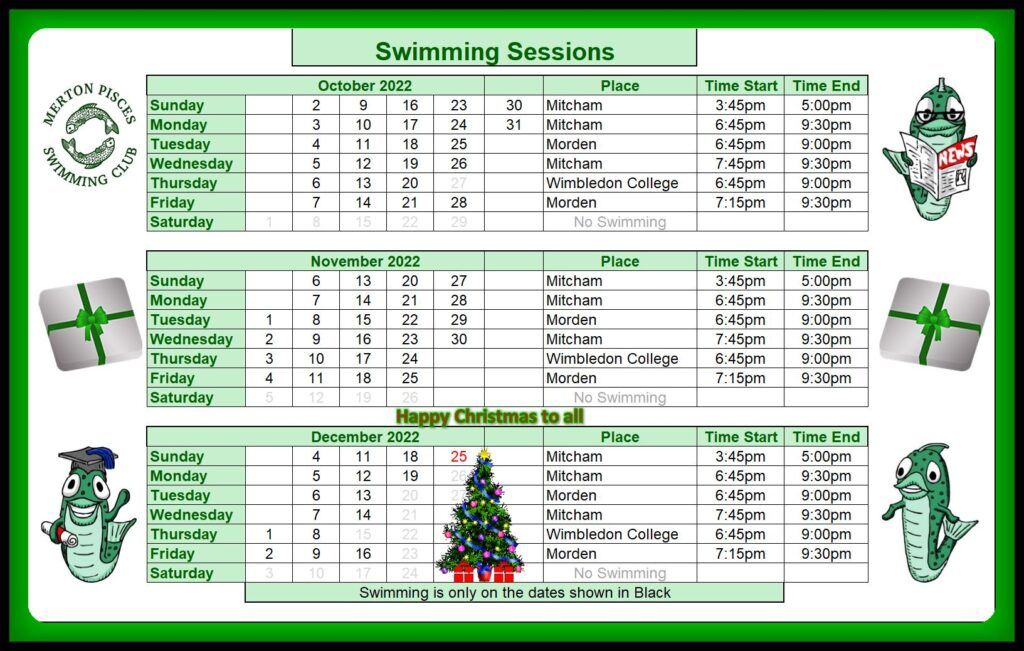 New Swimming Schedule Calendar (for October, November & December 2022)