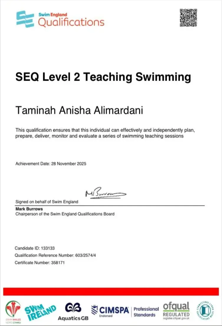 28-11-2025 - SEQ Level 2 Teaching Swimming - Taminah Alimardani