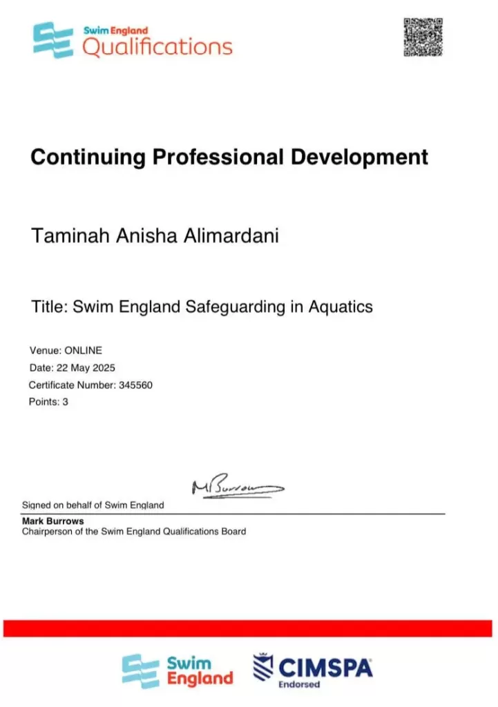 Taminah Anisha Alimardani - Swim England Safeguarding in Aquatics - 22-04-2025