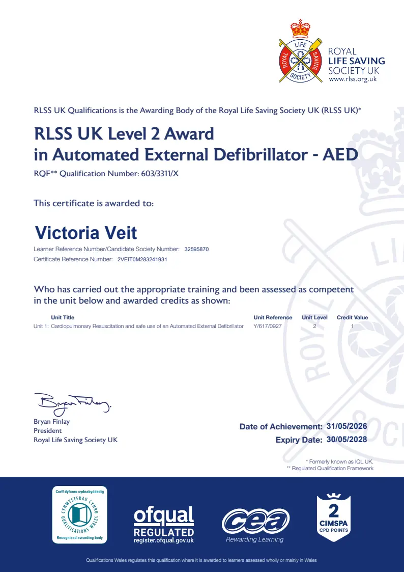 31-05-2026 - 30-05-2028 - - - Victoria Veit - RLSS UK Level 2 Award in Automated External Defi