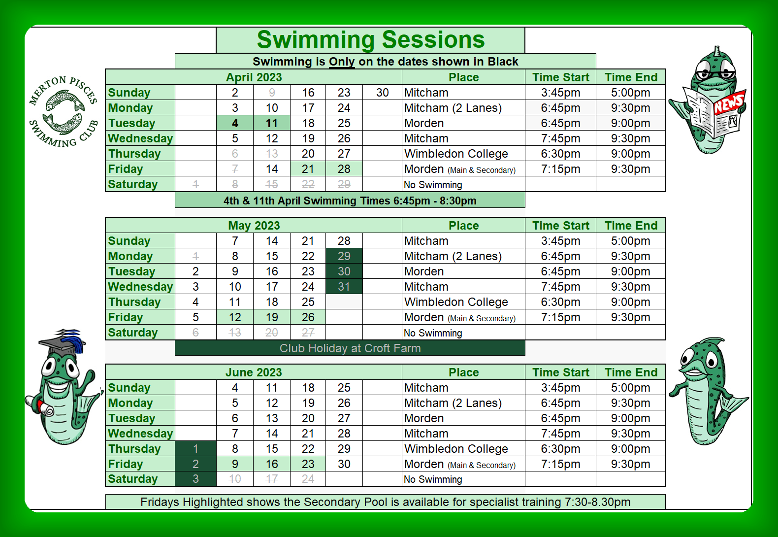 Calendar 2023 - Second Quarter (April, May & June) Sessions Dates Times and Places