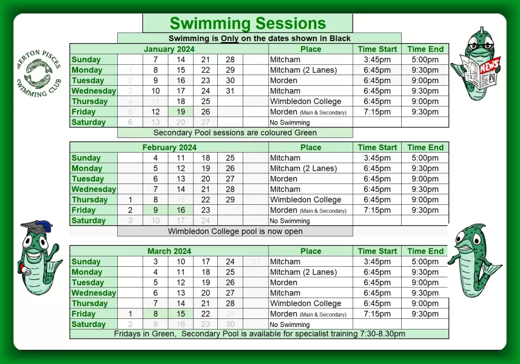 Swimming Schedule (for January, February & March 2024) Sessions